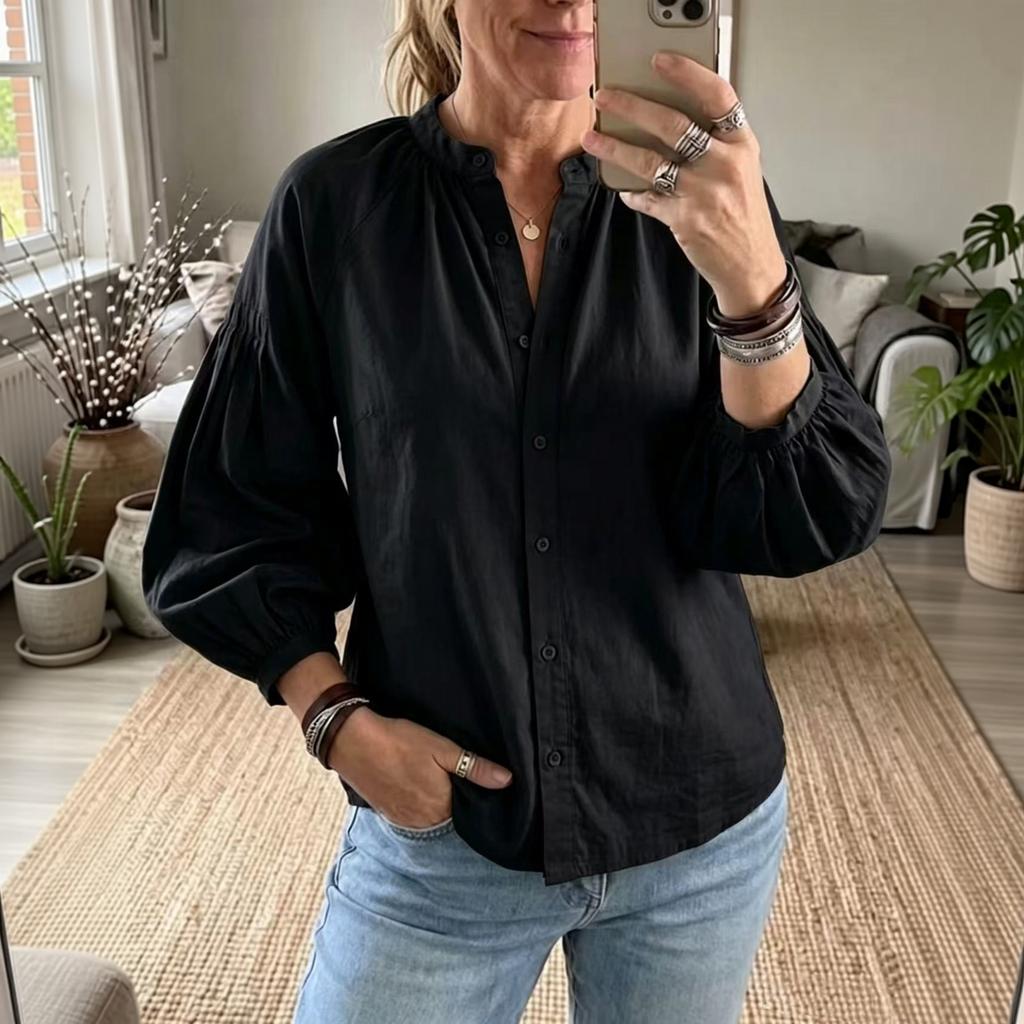 Women's Raglan Puff Sleeve Blouse - Loose Fit Casual Top with Single Button Closure