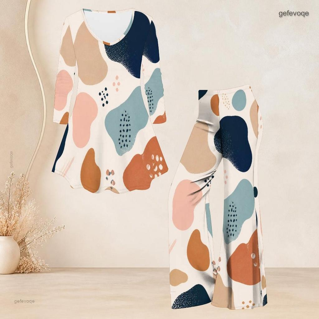 Women Plus Size Round Neck Three Quarter Sleeve Printed Flared Top Flared Pants Two Piece Set