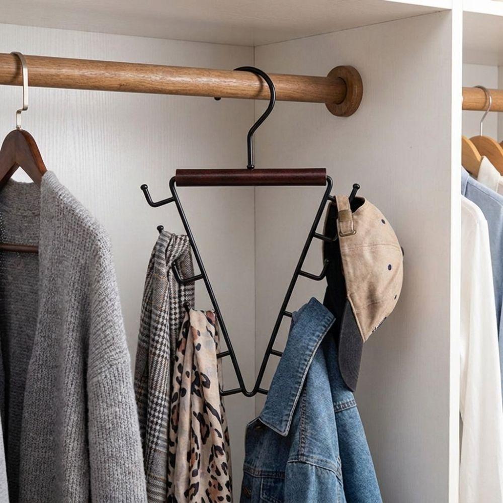 12 Hooks Clothes Storage Hangers’ 360° Rotating Triangular Laundry Hanger Wood Handle Thick Hooks Hat Tie Scarf Rack