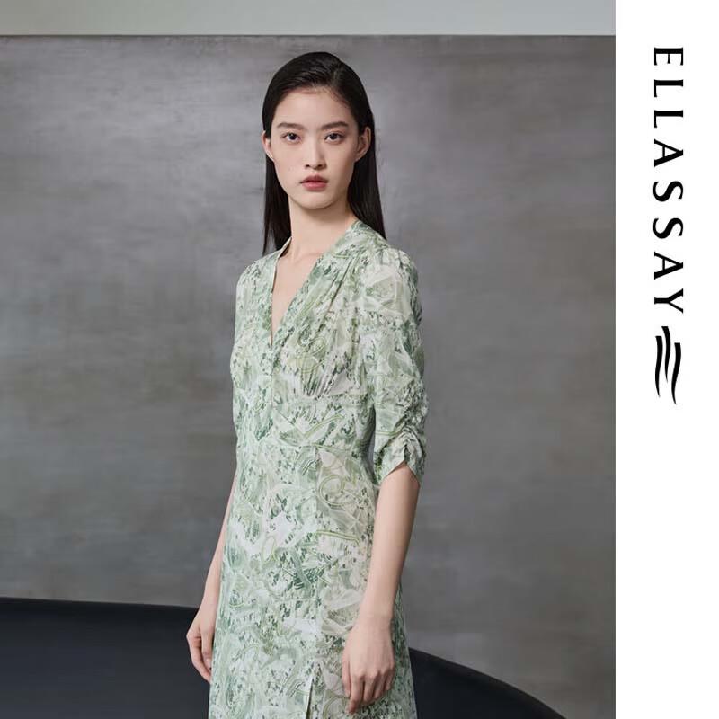 ELLASSAY Women's French V-Neck Cinched Waist Five-Point Sleeve Dress