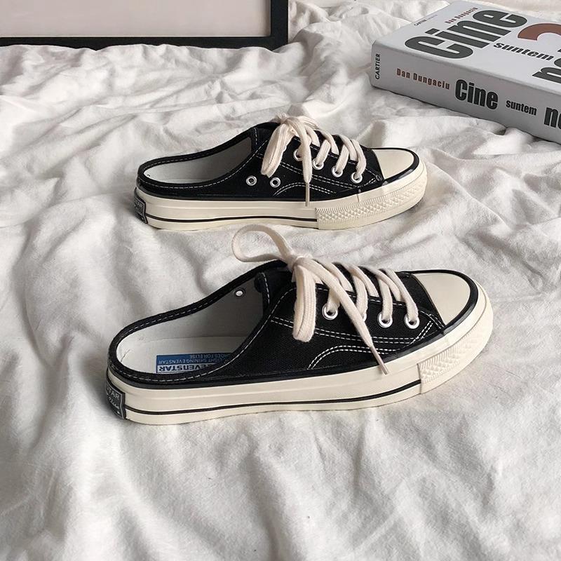 Platform canvas shoes half-drag women's shoes little white shoes women's 2025 spring new models without heels, half-stepping lazy shoes women