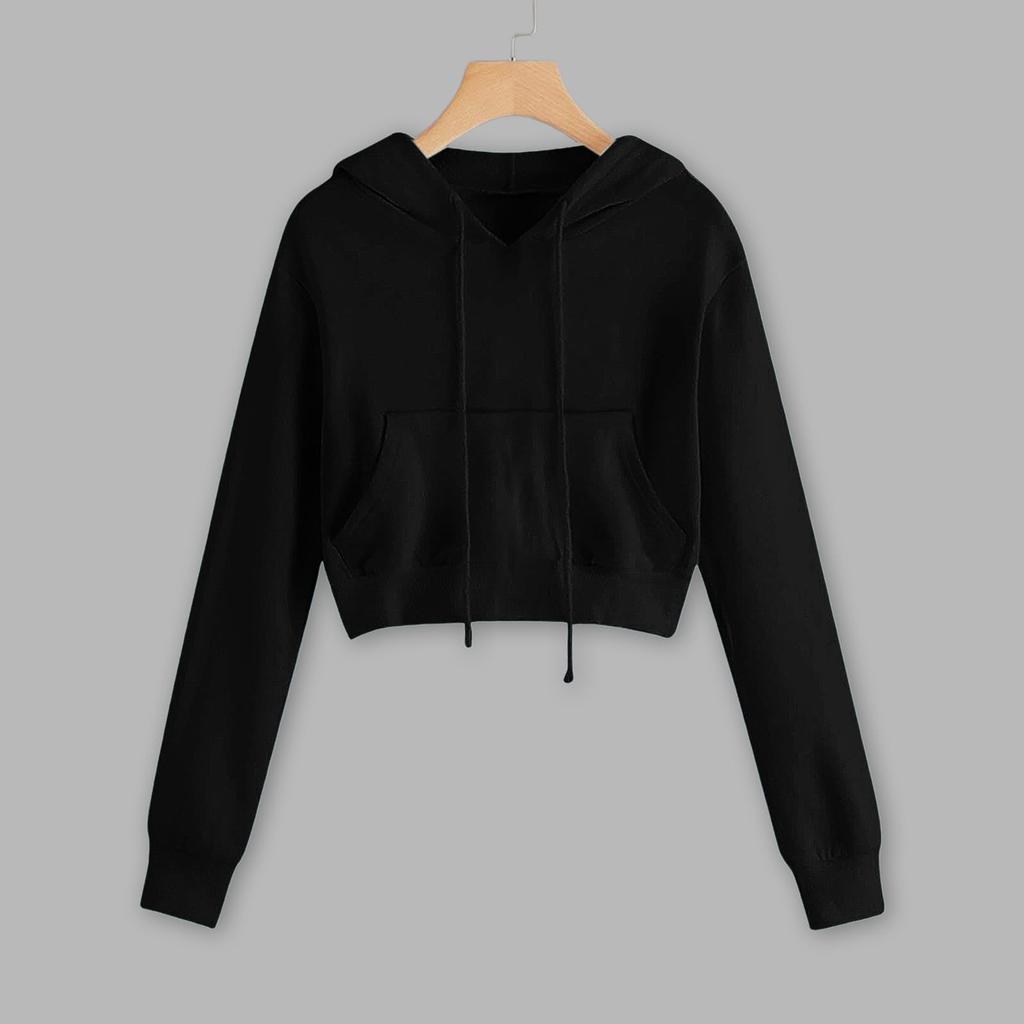 Sudadera con capucha corta de manga larga de color para mujer, informal, holgada, con cordón