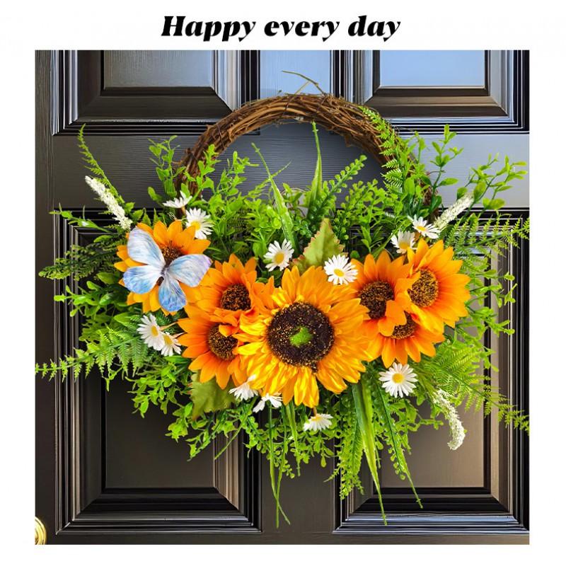 Artificial Sunflower Wreath Front Door Decoration Rustic Farmhouse Style Wall Hanging Floral Ring
