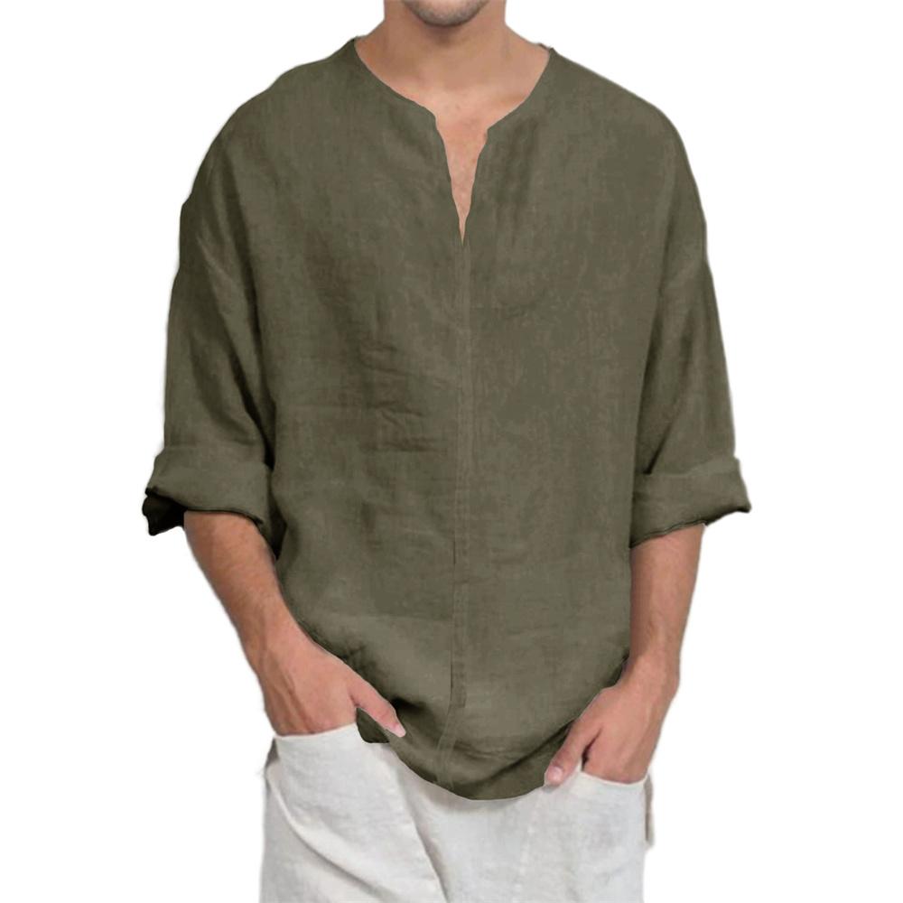 Cotton Linen V-neck Long Sleeve T-shirt for Men Casual Solid Color Lightweight Breathable Cozy Tops Male Fashion Tees