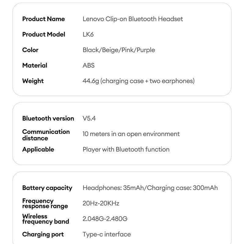 Original Lenovo LK6 Wireless Bluetooth 5.4 Ear Clip Headphone HIFI Sound Quality ENC Noise Reduction Earphones Long Endurance Earsets