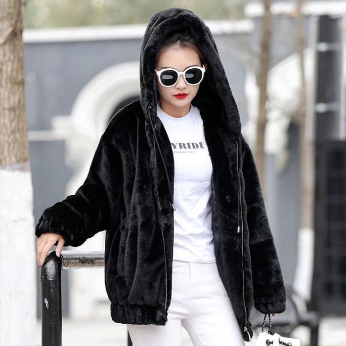 Flannel 2025 Korean Style Thick Hooded Women's Winter Loose Plush Long Sleeve Coat