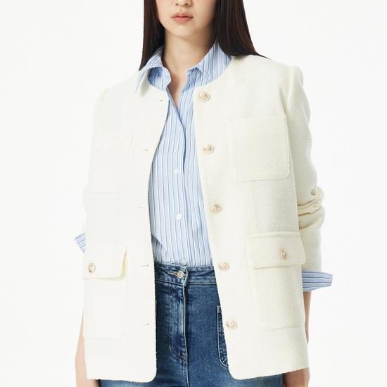 Out Pocket Notch Collar Tweed Jacket - Ivory