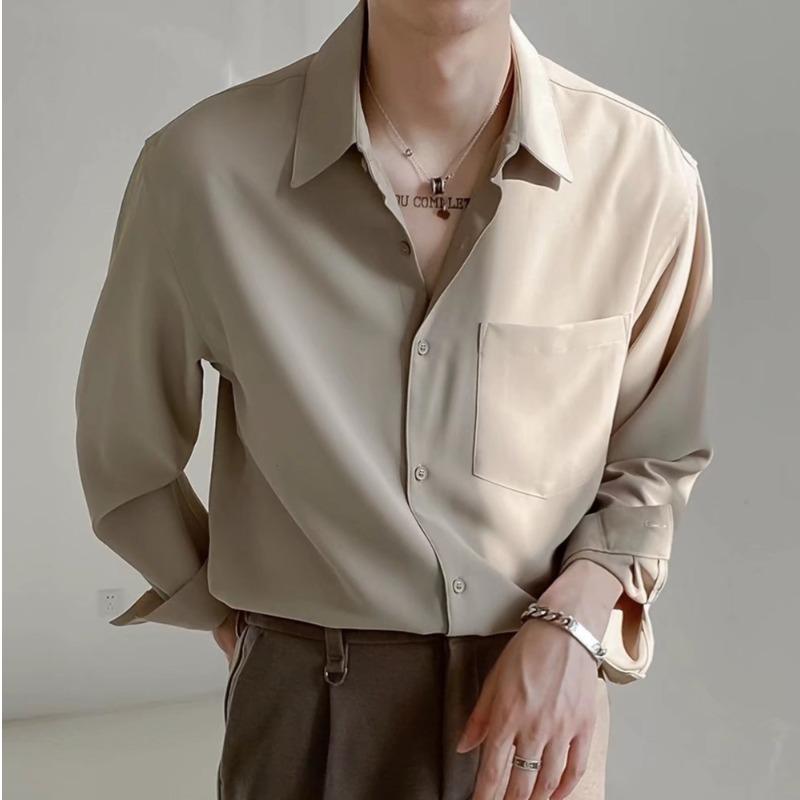 Men's Korean Style Wrinkle-Free Long Sleeve Shirt - Spring & Autumn Draping, Versatile Solid Color
