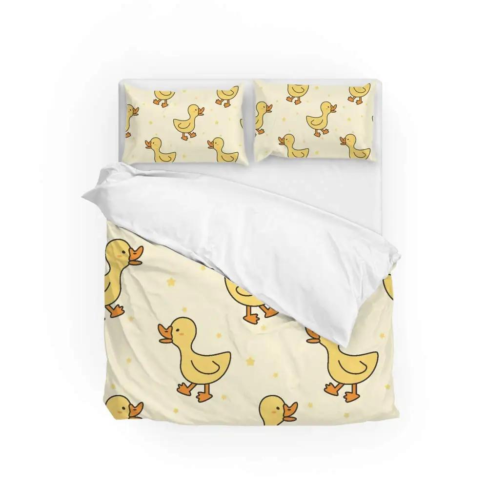 Carton Yelow Duck King Quen Soft Duvet Cover Farm Lovely Animal Beding Set Blue Buble Comfortable Quilt Cover Soft Polyester Warm Comforter Cover