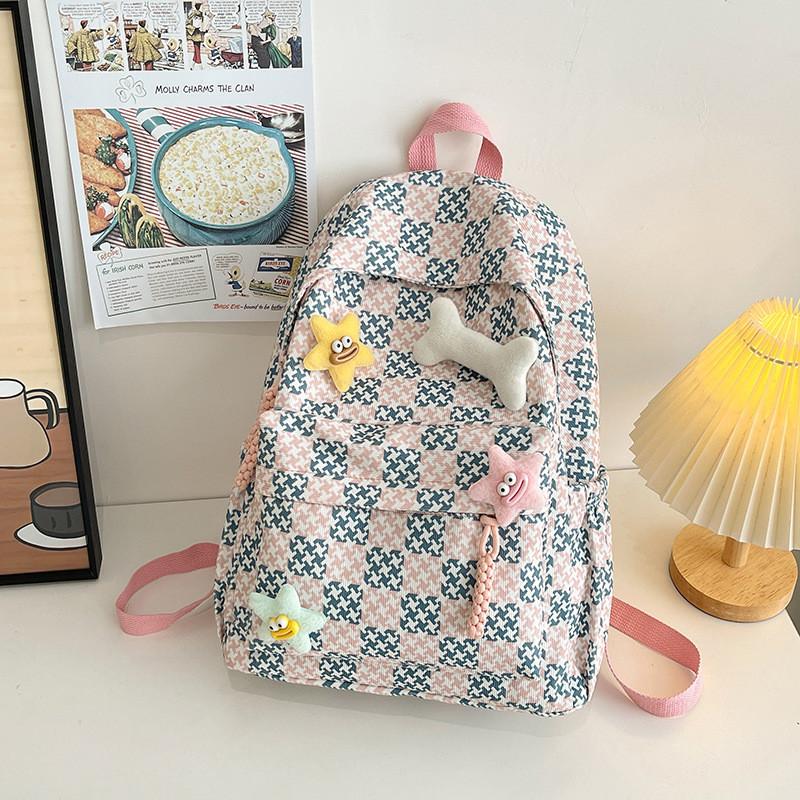Stylish Korean Checkered Backpack High-capacity Lightweight Spine Support розовый