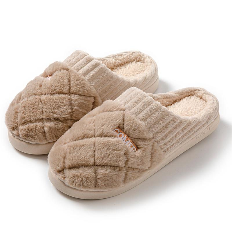 Cotton slippers women's autumn and winter color matching outdoor home couple warm plush thickened fluffy confinement shoes men