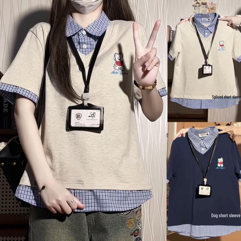 

Pure Cotton Retro Puppy Print Plaid Polo Collar Short Sleeve Women s Summer Top XL [120-135 Jin]