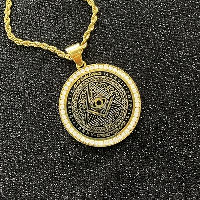Hip Hop Mens Freemason Gold Color Pendant Necklace with Zircon  Rhinestone Illuminati All-seeing Eye Coins Round Charming