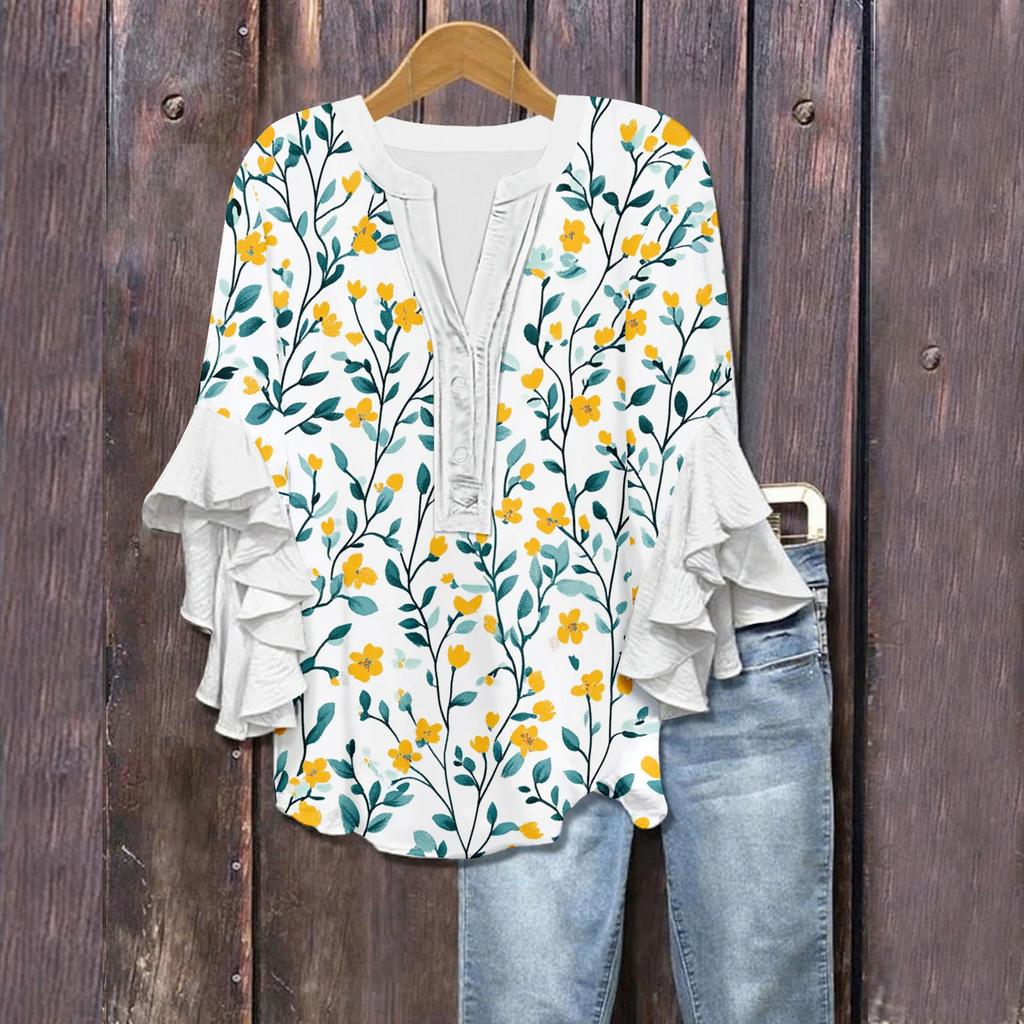 Women's Summer Tops V Neck Three-quarter Sleeves Floral Print Flowing Ruffle Sleeves Half-button Shirt