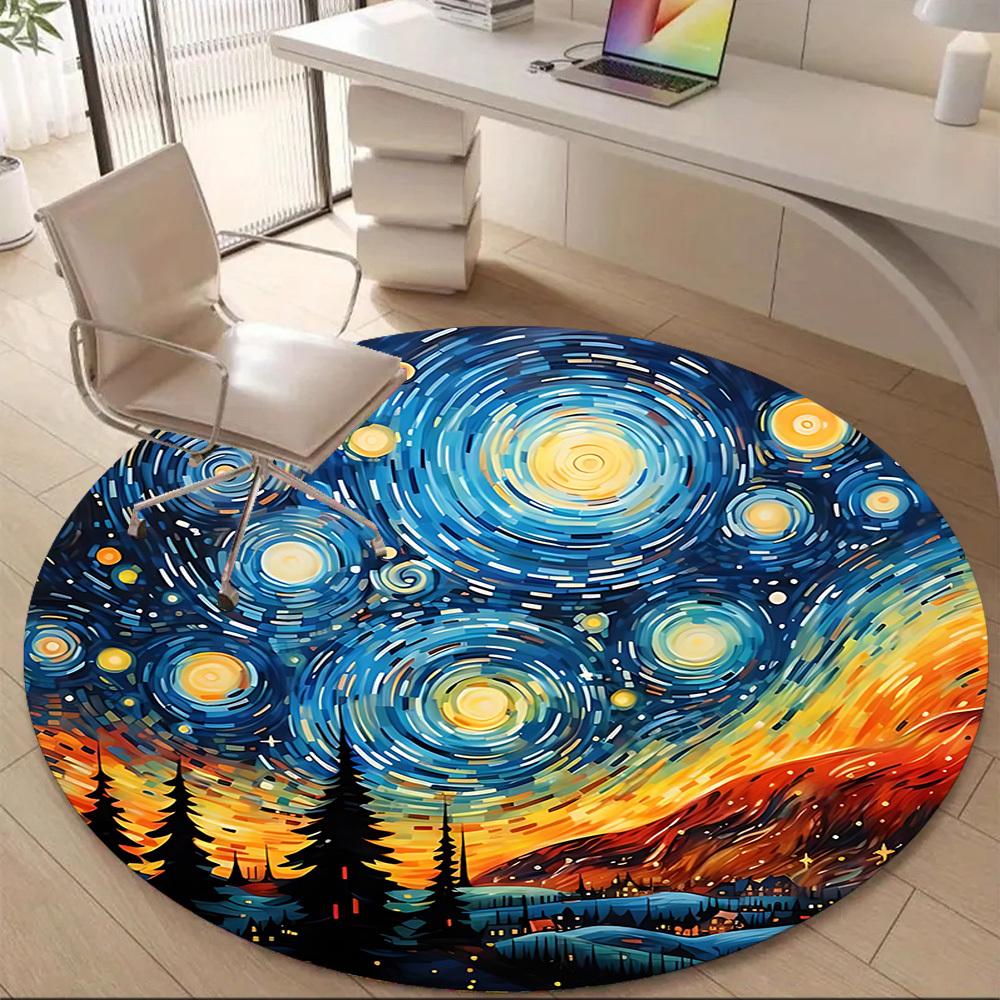 1PC Starry Night Landscape Office Round Area Rug, Mat Suitable ForOffice, Under Office Chairs Bedroom Living Room Home Decor, Room Deco