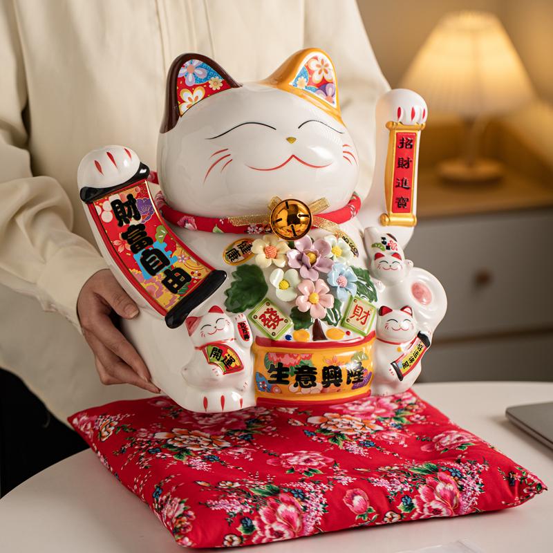 14 Inch Large Ceramic Lucky Cat Ornament Waving Arm Beckoning Cat USB Powered Hand-made Flower Desktop Decoration Fortune Cat