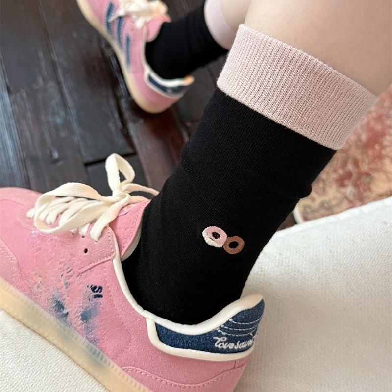 Color-blocking Cartoon Embroidered Socks, Women's Mid-calf Socks, Small Animal Color-blocking, Trendy and Individualistic Pure Cotton Long Socks