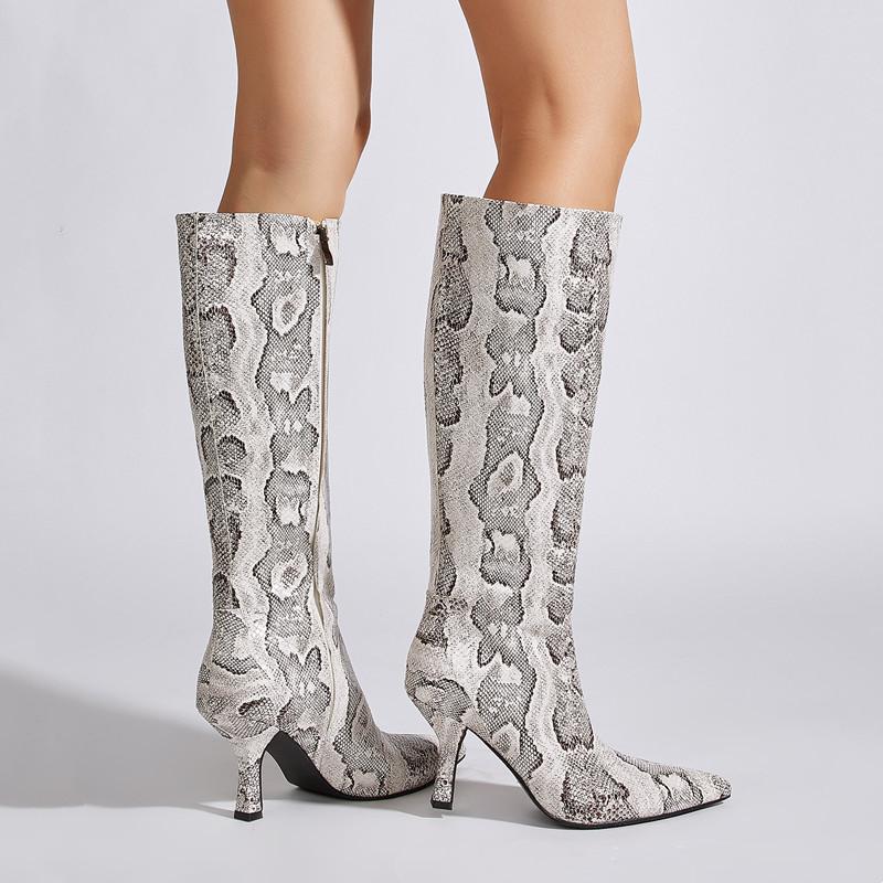 Fashion 2025 Autumn Winter Snake Pattern Patent Leather Women Knee-high Boots Elegant Pointed toe High heels Fashion Party Boots Shoes