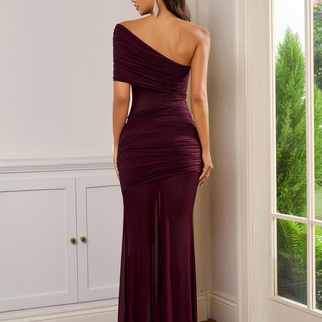 New French Mesh See-through Slanted Shoulder Dress, European and American Sexy Off-the-shoulder Pleated Slim-fitting Hip-wrapped Dress