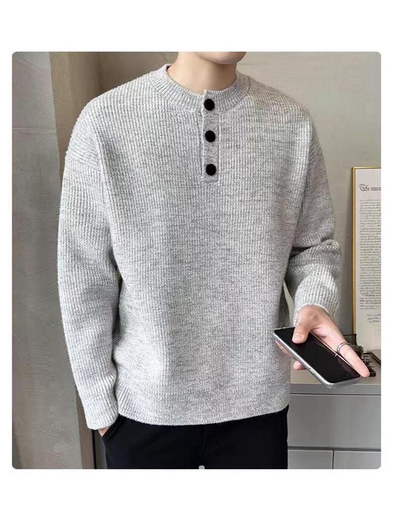 Gray Retro Henley Neck Men's Winter Sweater - Warm, High-End Knit for Cold Protection