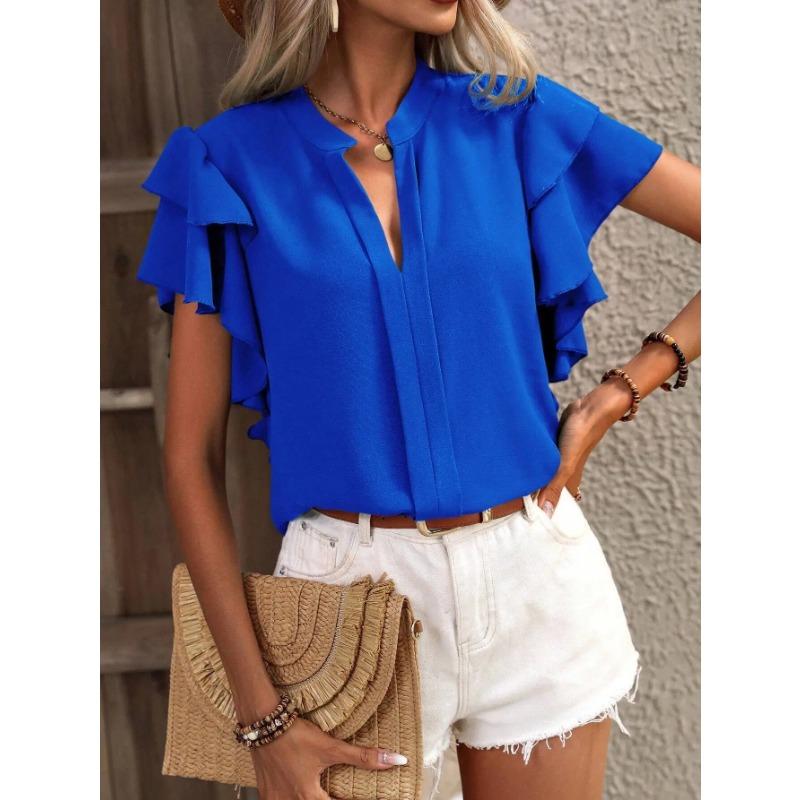 Double Layered Ruffled Blouse Female Fashion V-Neck Short Sleeved Summer Office Lady Party T-Shirt