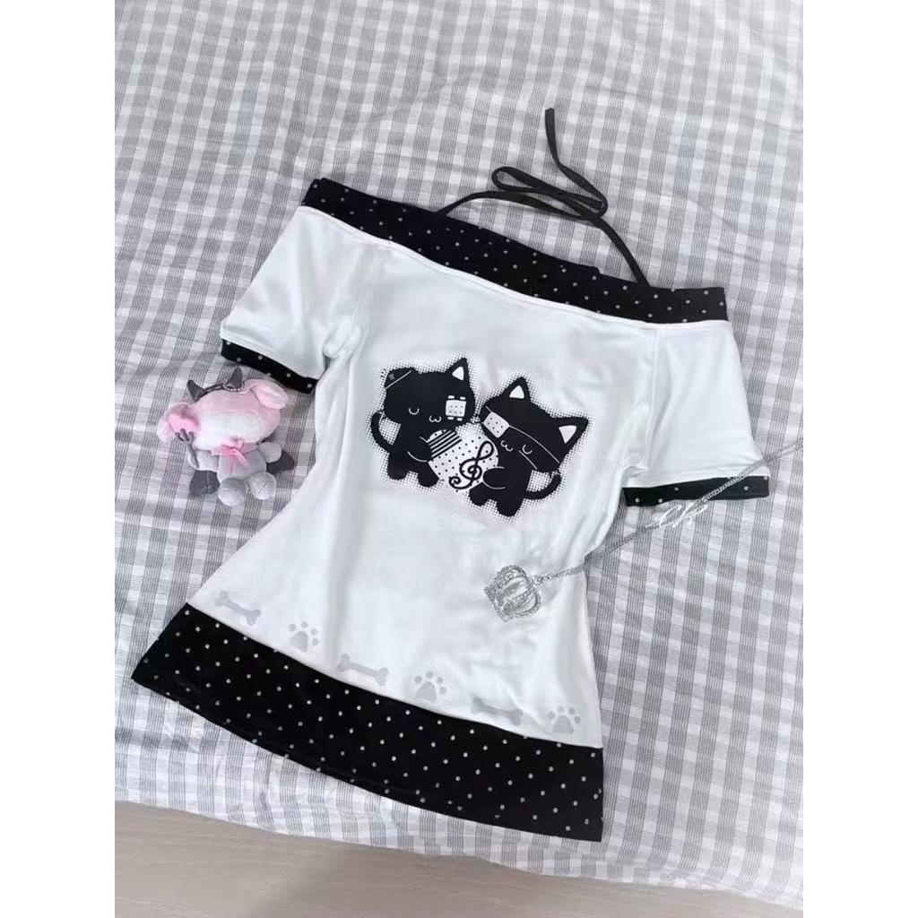 Camisetas de verano de dos piezas con cuello halter y vendaje estilo vintage, camisetas Y2k estéticas ajustadas, camisetas sexis informales con estampado grunge para mujer