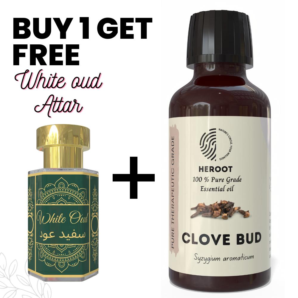 Clove Bud Essential Oil 10ml for Aromatherapy & Home Fragrance Get 1 Free 6 Ml Attar – Aqua AQ, Dubai Oud, Aura, White Oud
