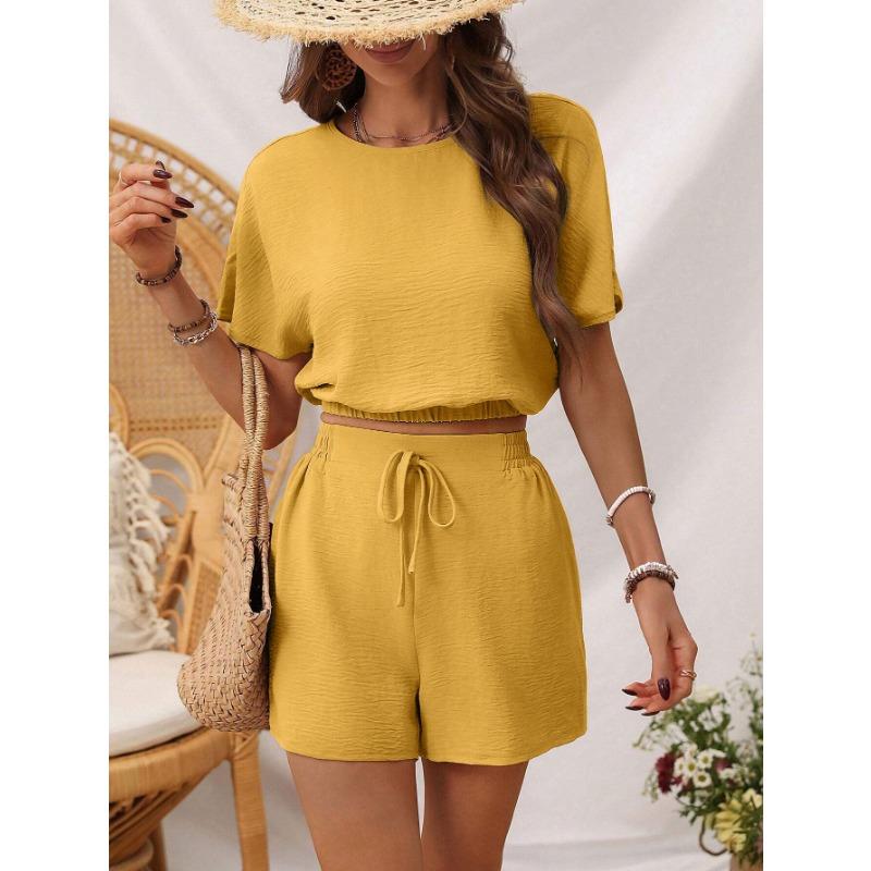 Women's New Solid-coloured Simple Elastic Fashion Suit Summer Commuter Casual Wear High-class Sense of Two-piece Set