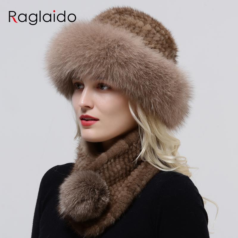 Hot Sale Rex Rabbit Fur Hats Scarf Set Elastic Knitted Winter Hat Women Genuine Warm Fur Caps Luxury Woman Fox Fur Bucket Hat