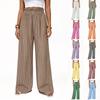 Women's Striped Straight Leg Trousers with Elastic Waist, Loose Fit, Ruffle Trim, Casual Work Pants