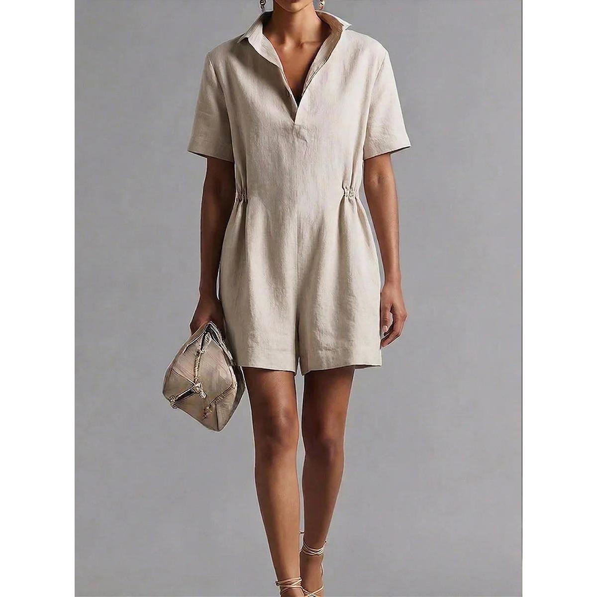 

New Women s Cotton Linen Short Sleeve Jumpsuit Shorts, High Waist Loose Wide Leg Casual Romper for Europe USA, Slimming Leisure One Piece Outfit S хаки