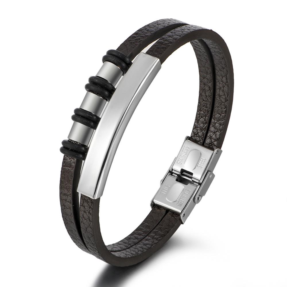 European American Fashion Men Bracelet Geometric Multilayered Hand Braided Bracelet Retro Stainless Steel Leather Bracelet charm bracelet&19cm чёрный