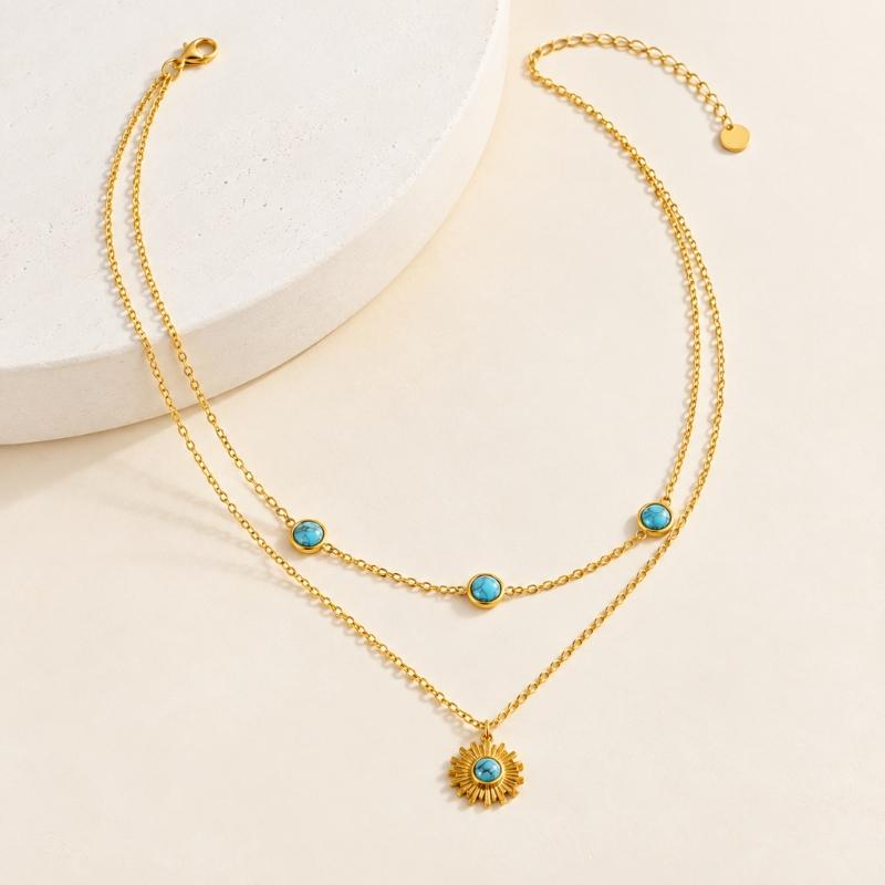 Gold-Tone Double-Strand Necklace Design with Stainless Steel and Titanium Steel Construction, Sunflower Pendant, and Adjustable Collarbone Chain
