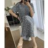 Korean version dress round neck comfortable nightdress women's casual fresh pleated short sleeve floral dress slim dress