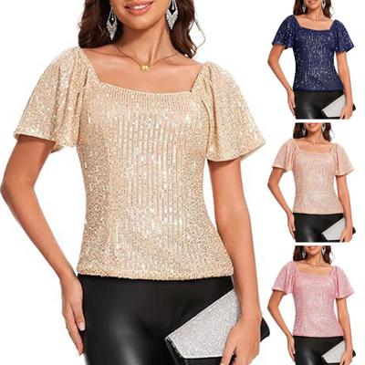Women Tops Square Collar Puff Short Sleeve Sequin Tops Glitter Sparkling Party