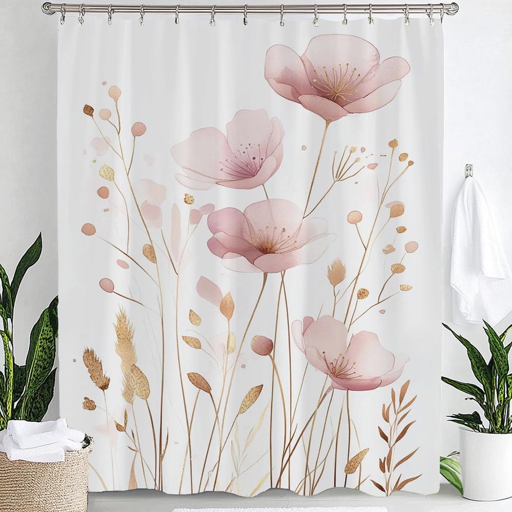 Watercolor Botanical Floral Leaf Shower Curtain, Floral Bathroom Decorative Shower Curtain, Print Fabric Home Curtain with Hooks