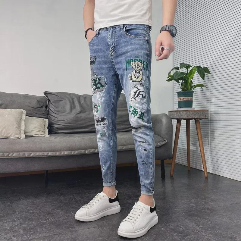 Men's Korean Style Bear Print Slim-Fit Elastic Pencil Jeans