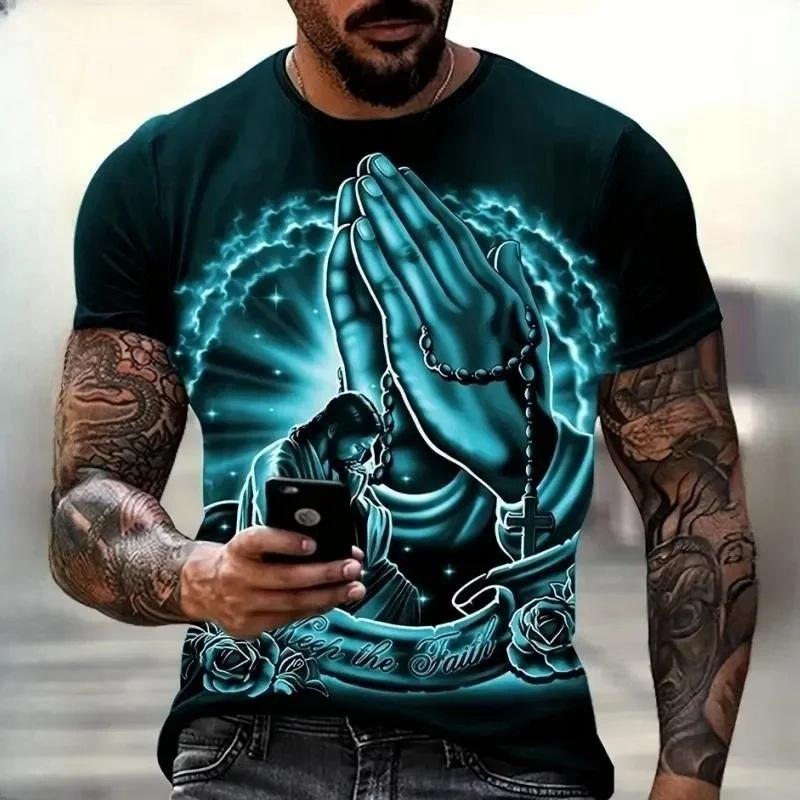 Praying Hands Faith Print Short Sleeve T-shirt, Casual Stylish Graphic Tee