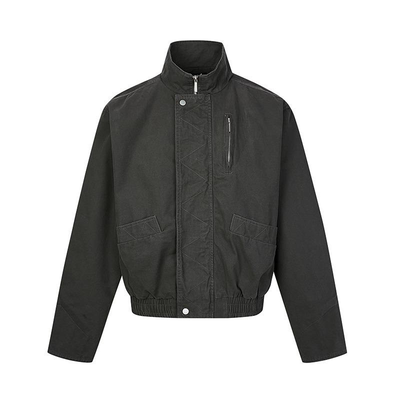 Unisex Harajuku Style Stand-up Collar Jacket - Versatile Solid Color Workwear for Spring/Autumn