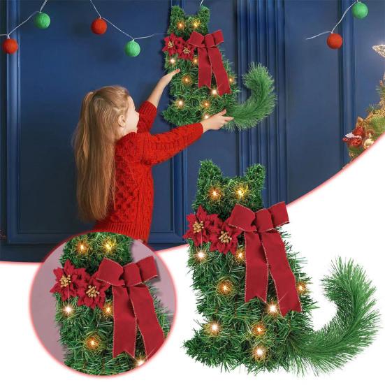 Lighted Cat Wreath for Front Door Artificial Greenery Wreath with Poinsettia And Red Bow Christmas Animal Shaped Swag for Farmhouse