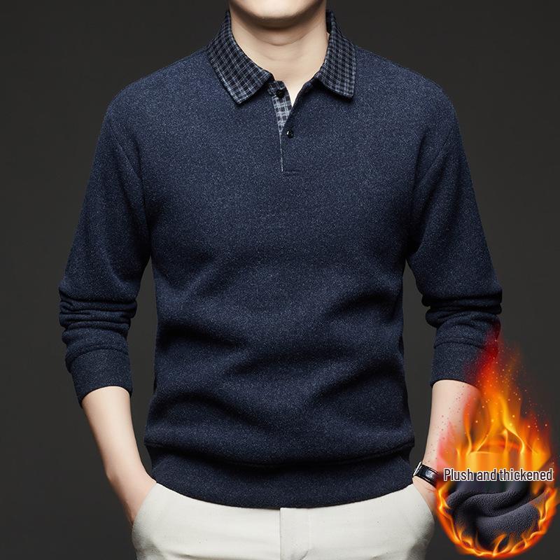 2025 Fall/Winter Men's Faux Two-Piece Sweater - Plus Velvet, Solid Color, Warm Knit Base Layer for Middle-Aged Dads