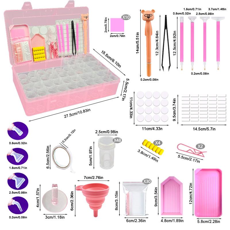 DIY Diamond Painting Storage Box Set with 48 Grids, Bottles, Funnel, Tray, and Rabbit Pen.