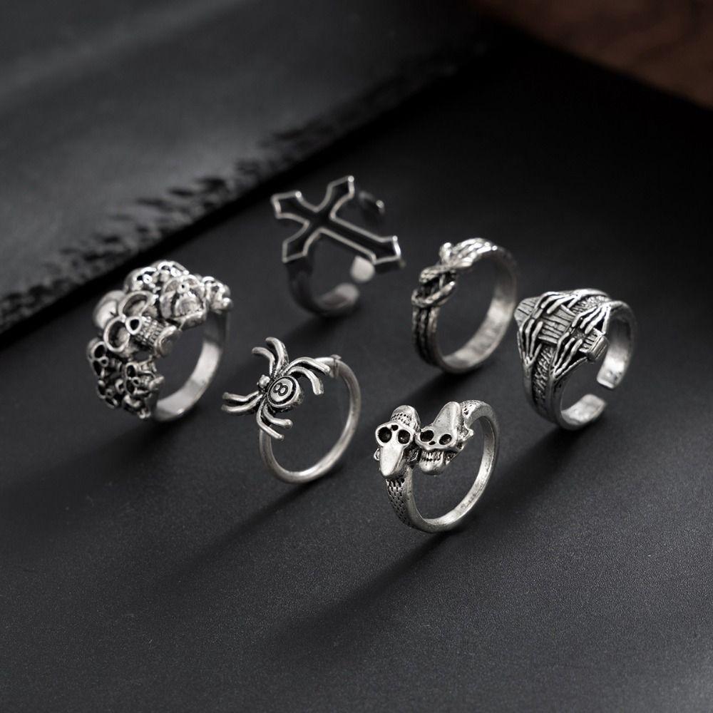 6 Stück/Set Goth Herren Ring Set Punk Skelett Ringe Persönlichkeit Halloween Ring Set Streetwear