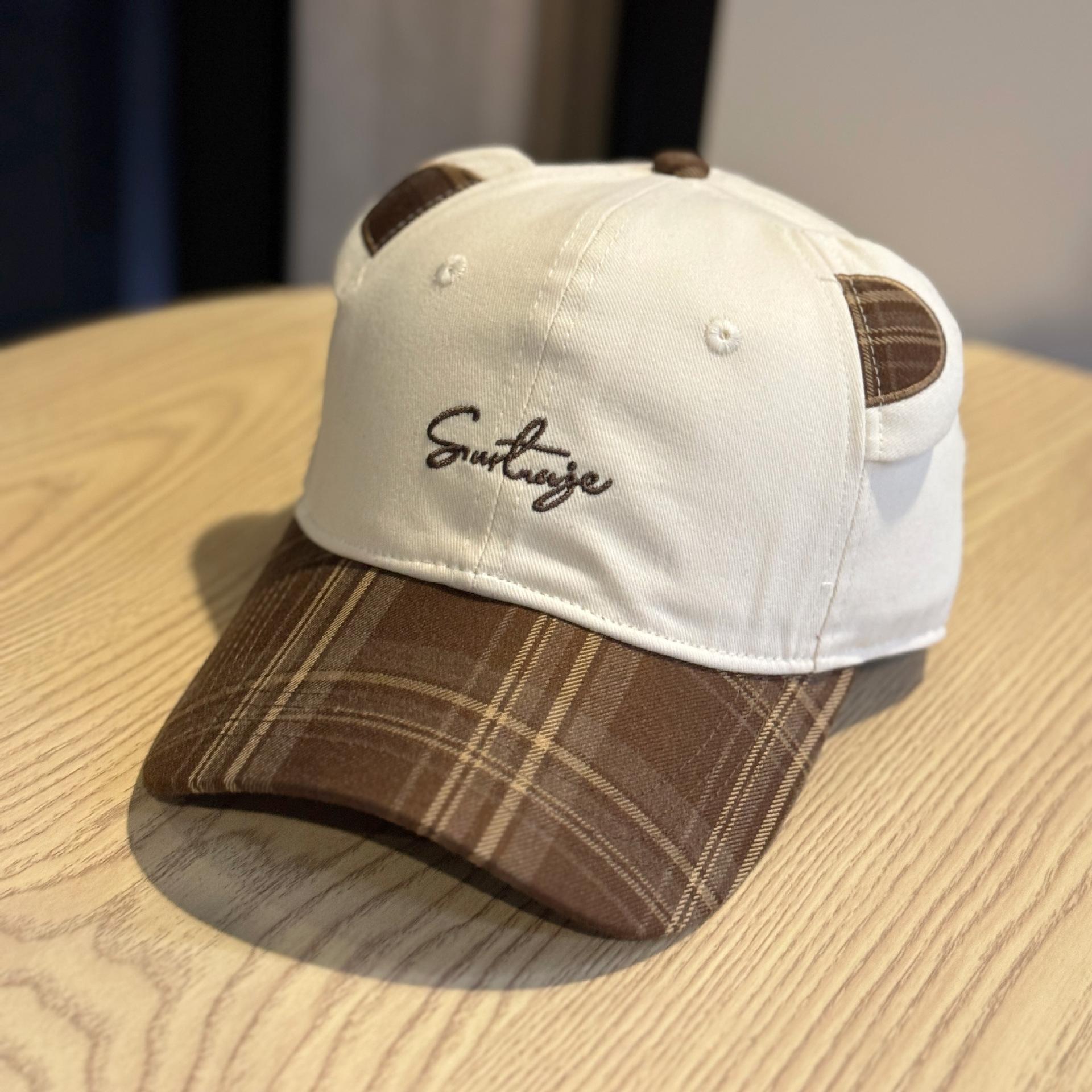 

New niche plaid cute bear ear color-block baseball cap for women, flattering for the face, suitable for elementary school students, unisex Adult54-60Adjustable бежевый