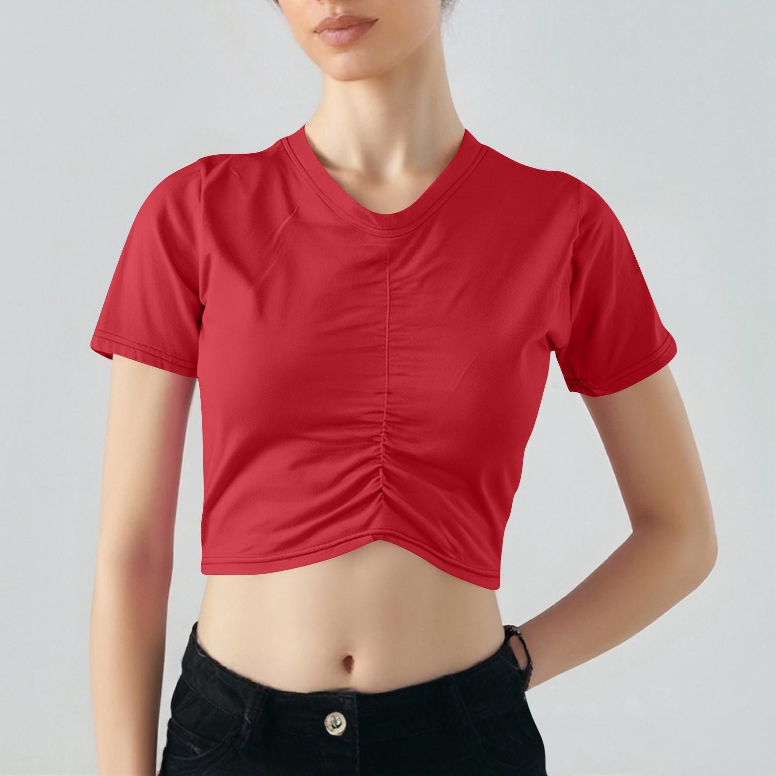 

Женский однотонный свитер с короткими рукавами и круглым вырезом, короткая плиссированная футболка с завязками на талии L красный