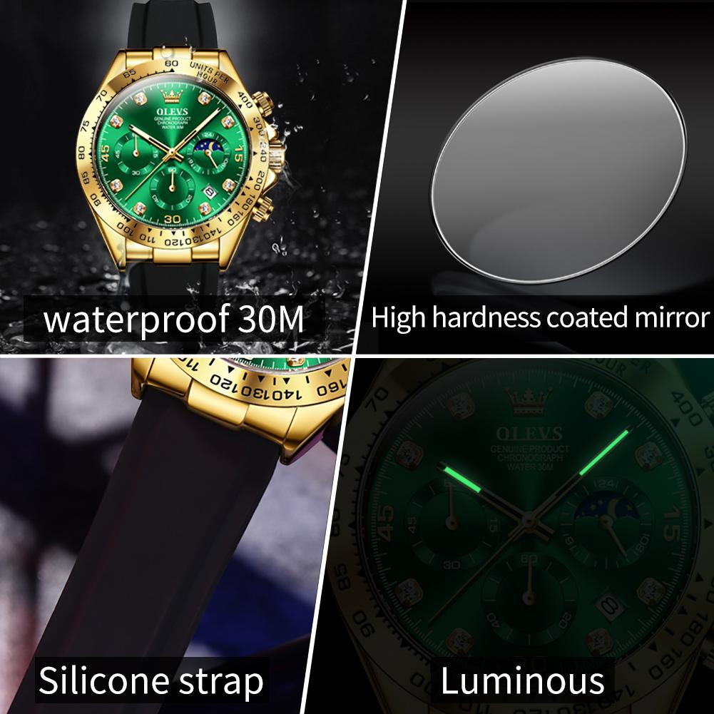 Herrenuhren Green Water Ghost, luxuriöse multifunktionale Original-Quarzuhr für Herren, wasserdicht, leuchtend, Datum, Mondphase, Weihnachten