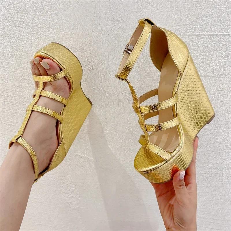 Fashion Eilyken Summer Golden Open Toe Narrow Band Platform Wedges Woman Sandals Fashion Thick Bottom High Heels Banquet Shoes