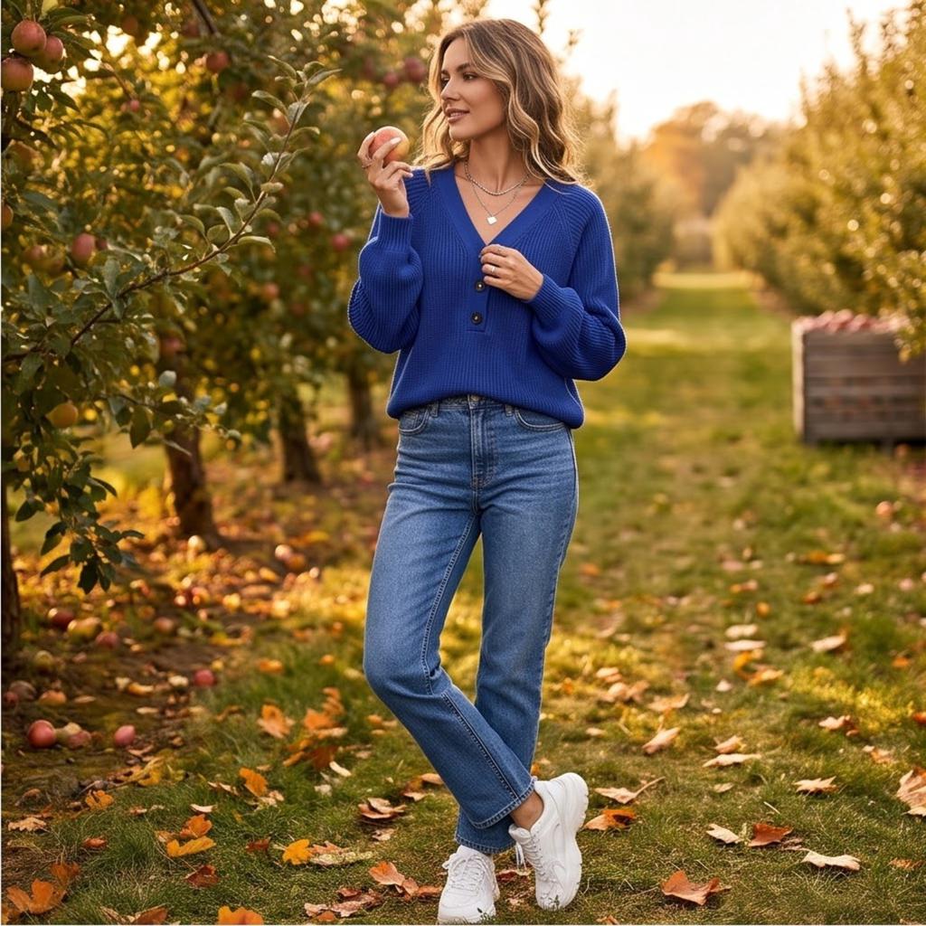 Damen Freizeit V-Ausschnitt Knopfleiste Langarm Pullover für Herbst Winter Alltagsmode