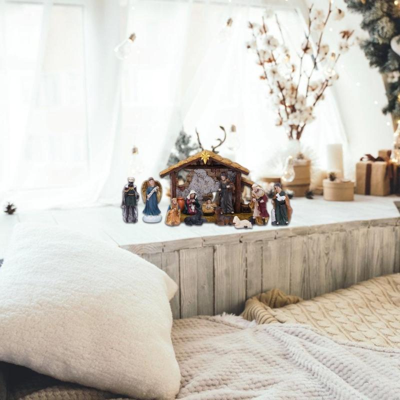 Statuine Presepe di Natale Resine Statua Scena Natività con Stalla Statua Sacra Famiglia Centrotavola Decorazioni per la Casa
