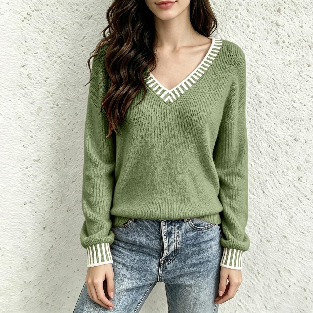 Damen Gestreifter V-Ausschnitt Strickpullover Langarm Lockerer Sitz Lässiges Oberteil